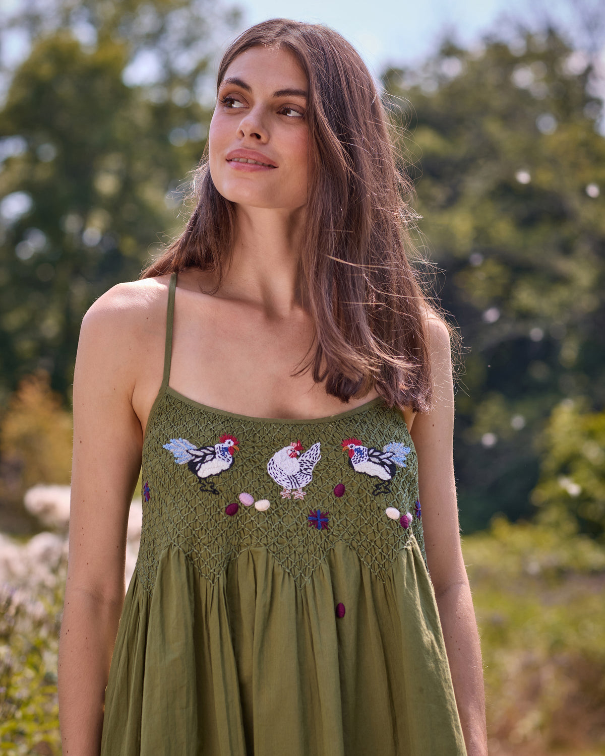 Chickens & Roosters Embroidered Shortie - Olive