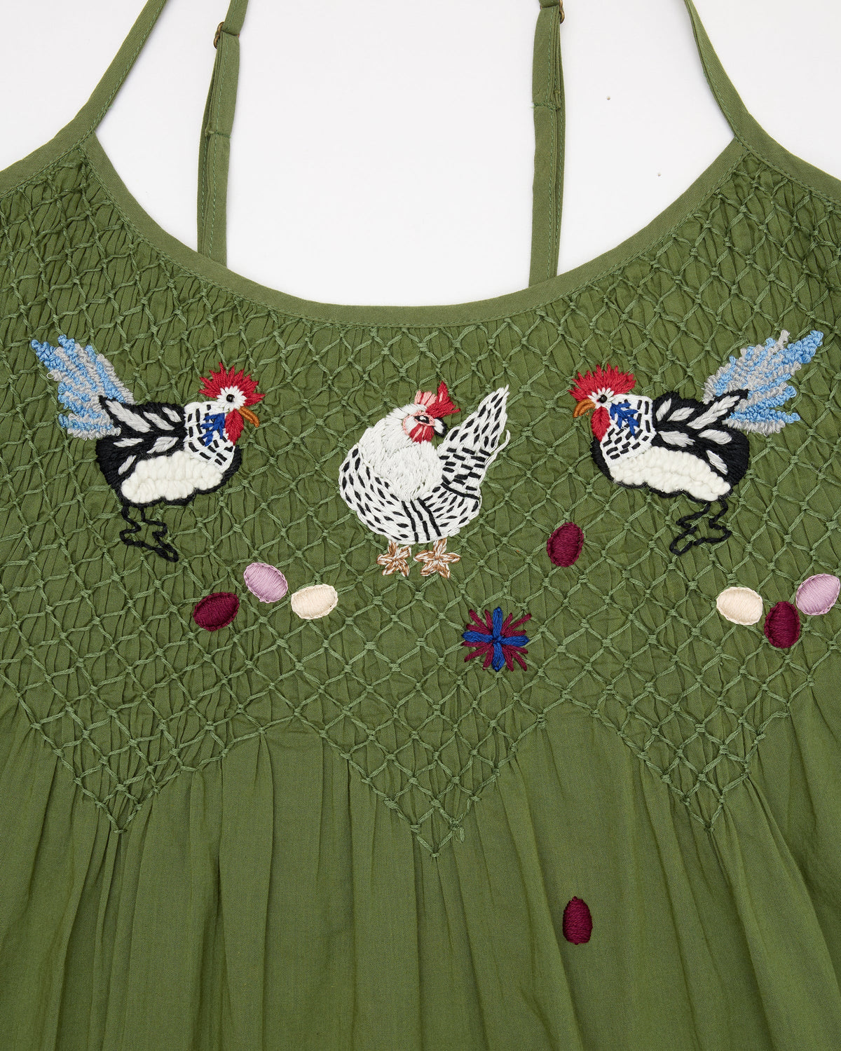 Chickens & Roosters Embroidered Shortie - Olive