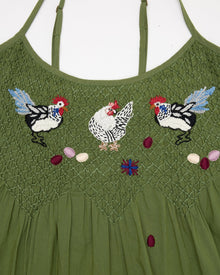 Chickens & Roosters Embroidered Shortie - Olive