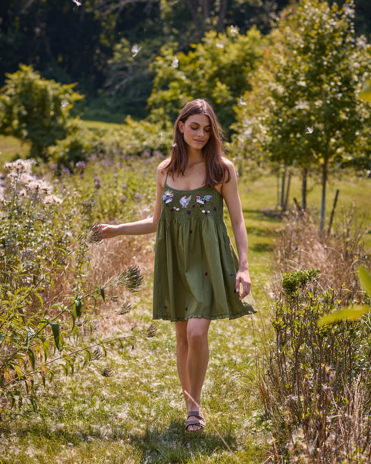 Chickens & Roosters Embroidered Shortie - Olive