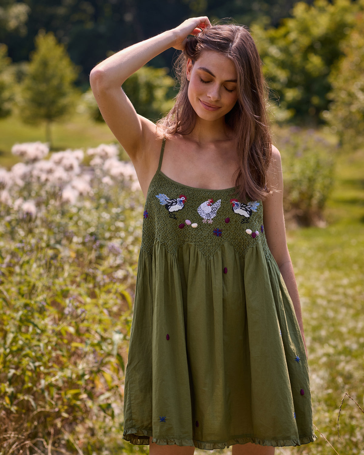Chickens & Roosters Embroidered Shortie - Olive