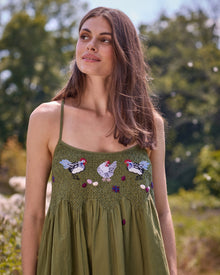 Chickens & Roosters Embroidered Shortie - Olive