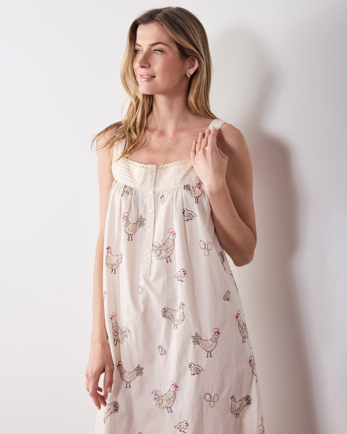 Embroidered Hens - Back to Bed Nightgown - Buff