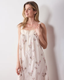 Embroidered Hens - Back to Bed Nightgown - Buff