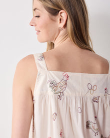 Embroidered Hens - Back to Bed Nightgown - Buff