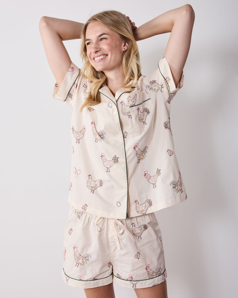 Embroidered Hens Shorts Set - Buff