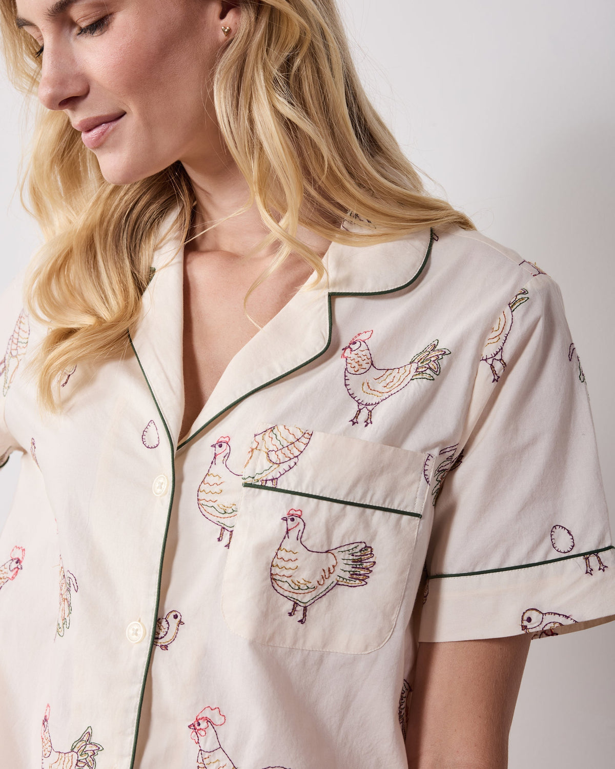 Embroidered Hens Shorts Set - Buff
