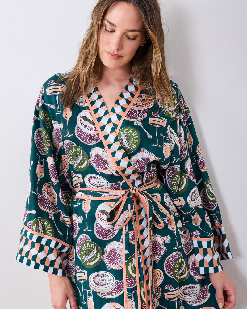 Champagne & Caviar Checkered Robe - Peacock Feather