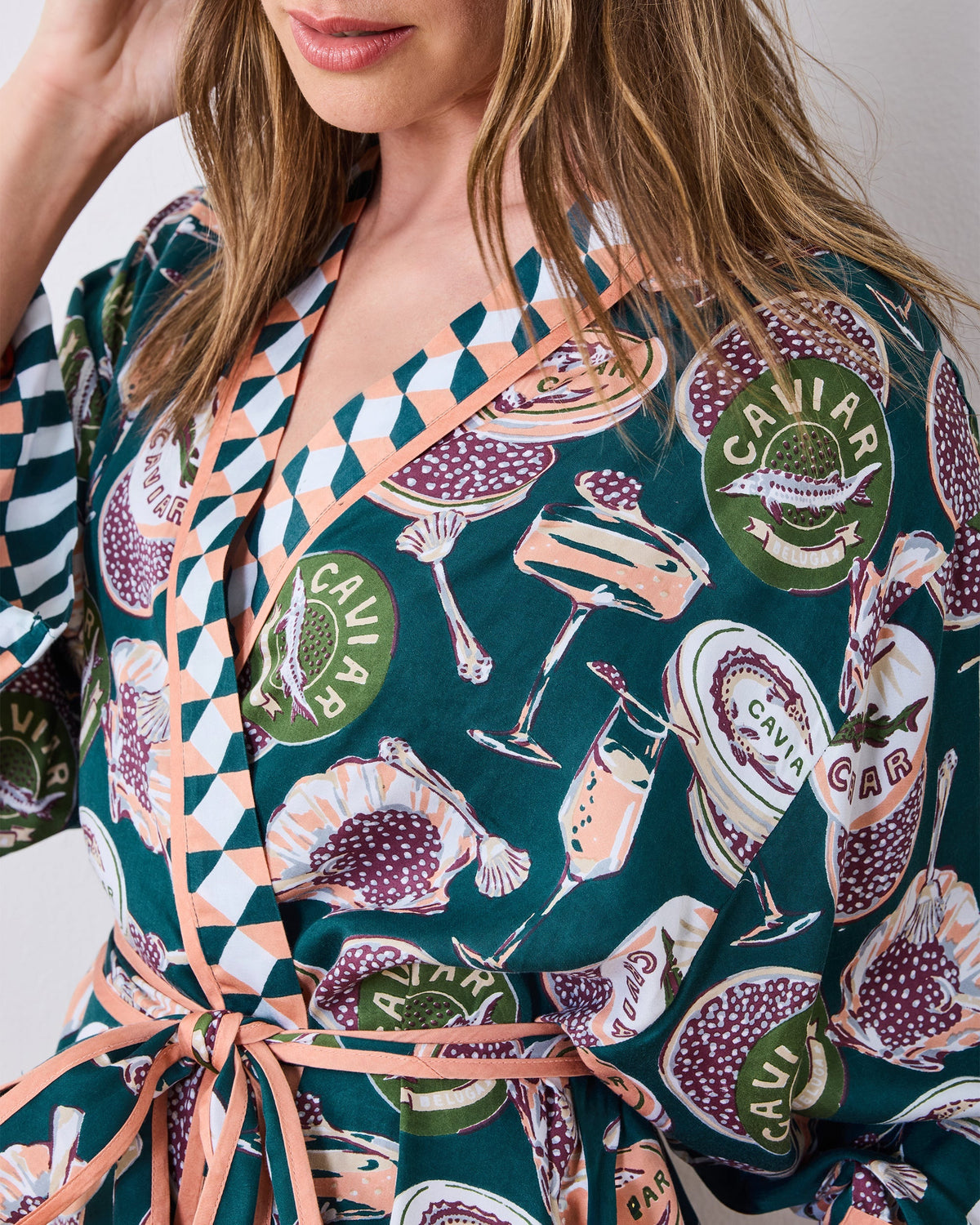 Champagne & Caviar Checkered Robe - Peacock Feather