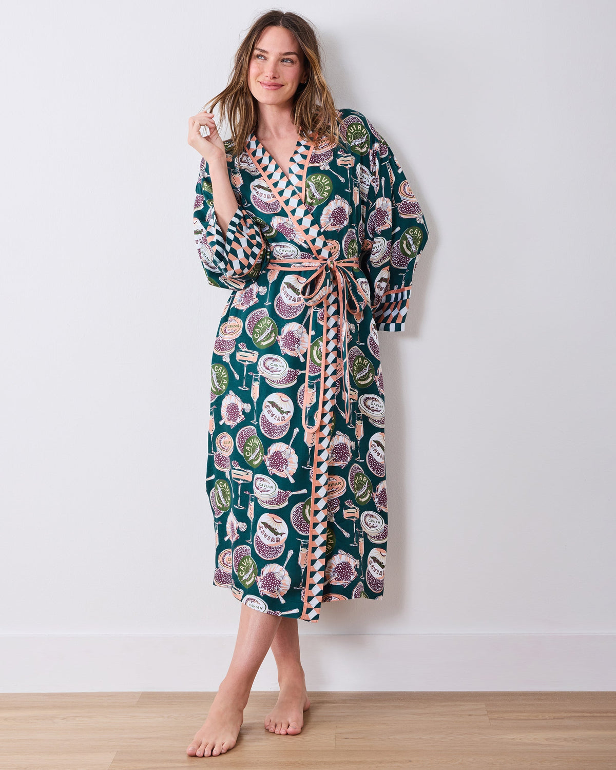 Champagne & Caviar Checkered Robe - Peacock Feather