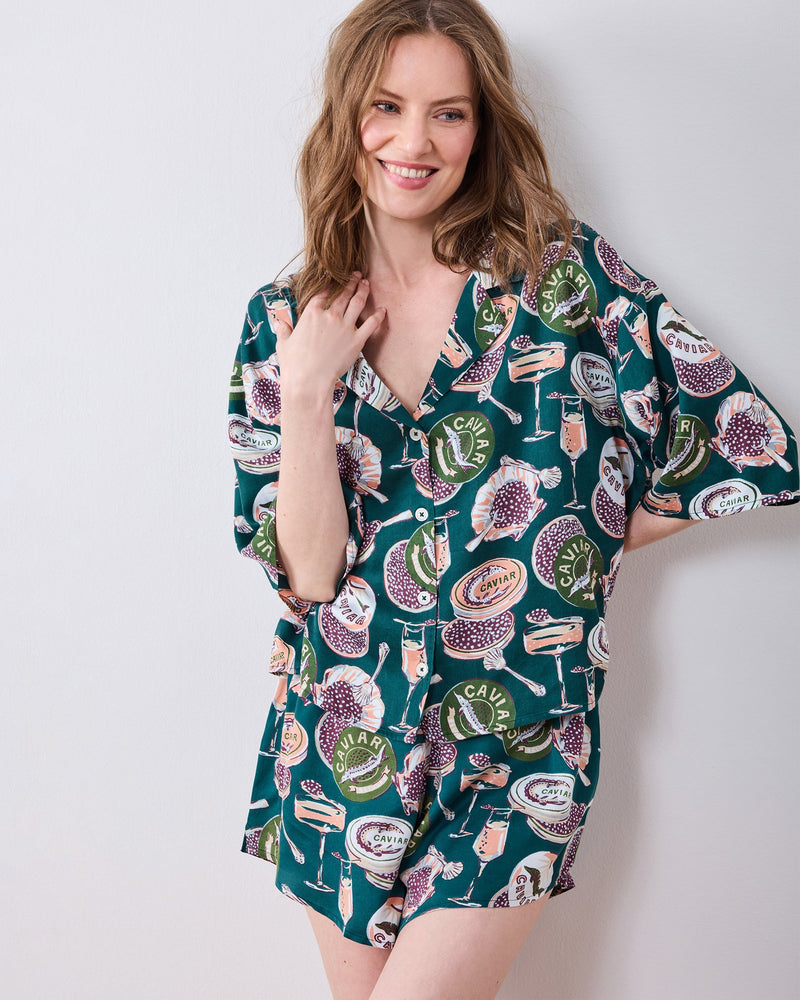 Champagne & Caviar 3/4 Sleeve Shorts Set - Peacock Feather