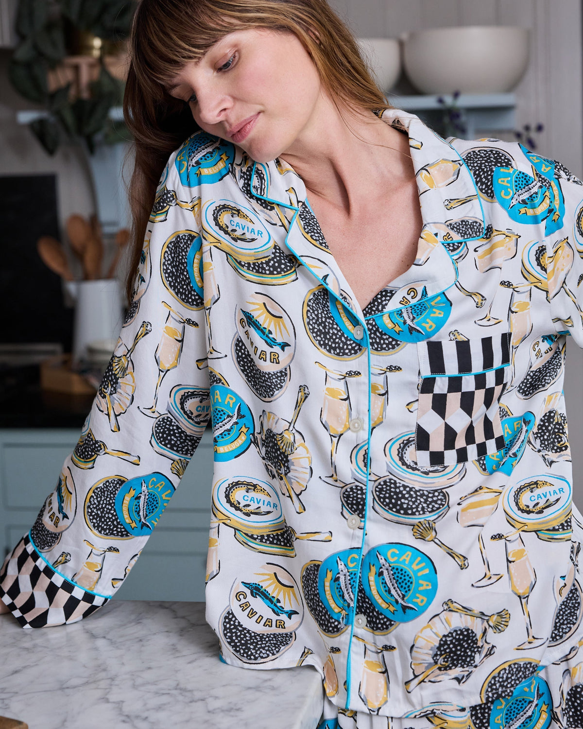 Champagne & Caviar - Checkered PJ Set - Pearl