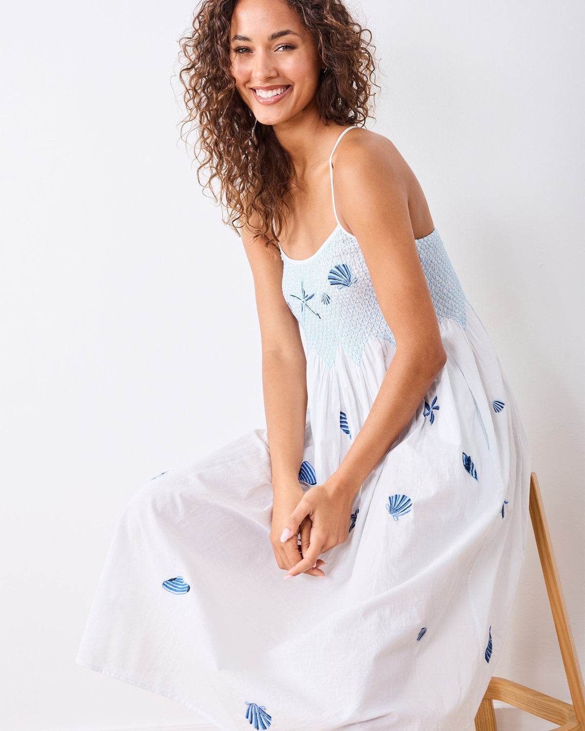 Embroidered Shells Nightie - Blue Cloud